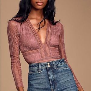 Lulu’s Bodysuit Casita Mauve Pink Sheer Lace Long Sleeve Bodysuit